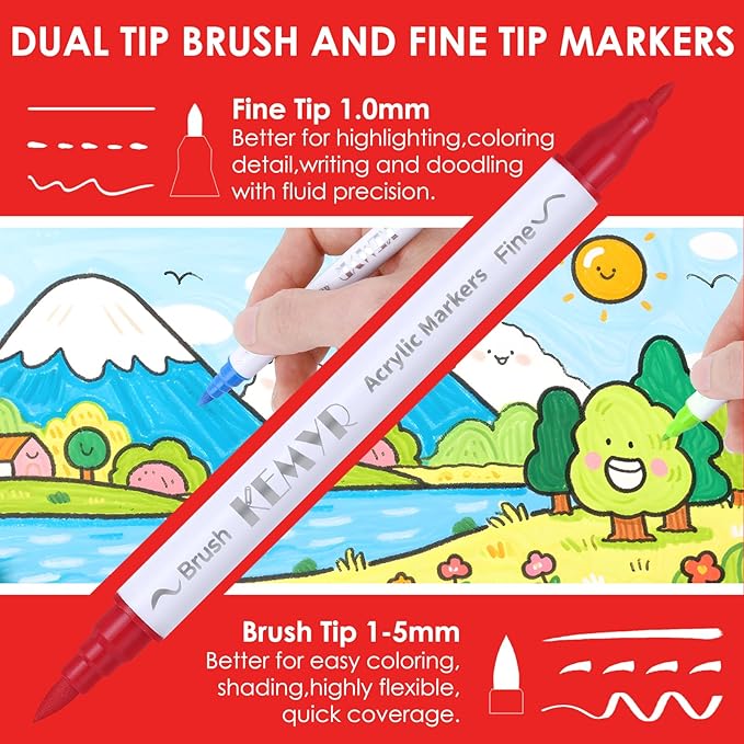 100 Colors Brush & Fine Tip Acrylic Paint Pens, Dual Tip Acrylic Paint Markers for Paper, Wood, Canvas, Stone, Rock, Glass, Fabric, DIY, Ceramic, Art Supplies for Kids and Adults Drawing