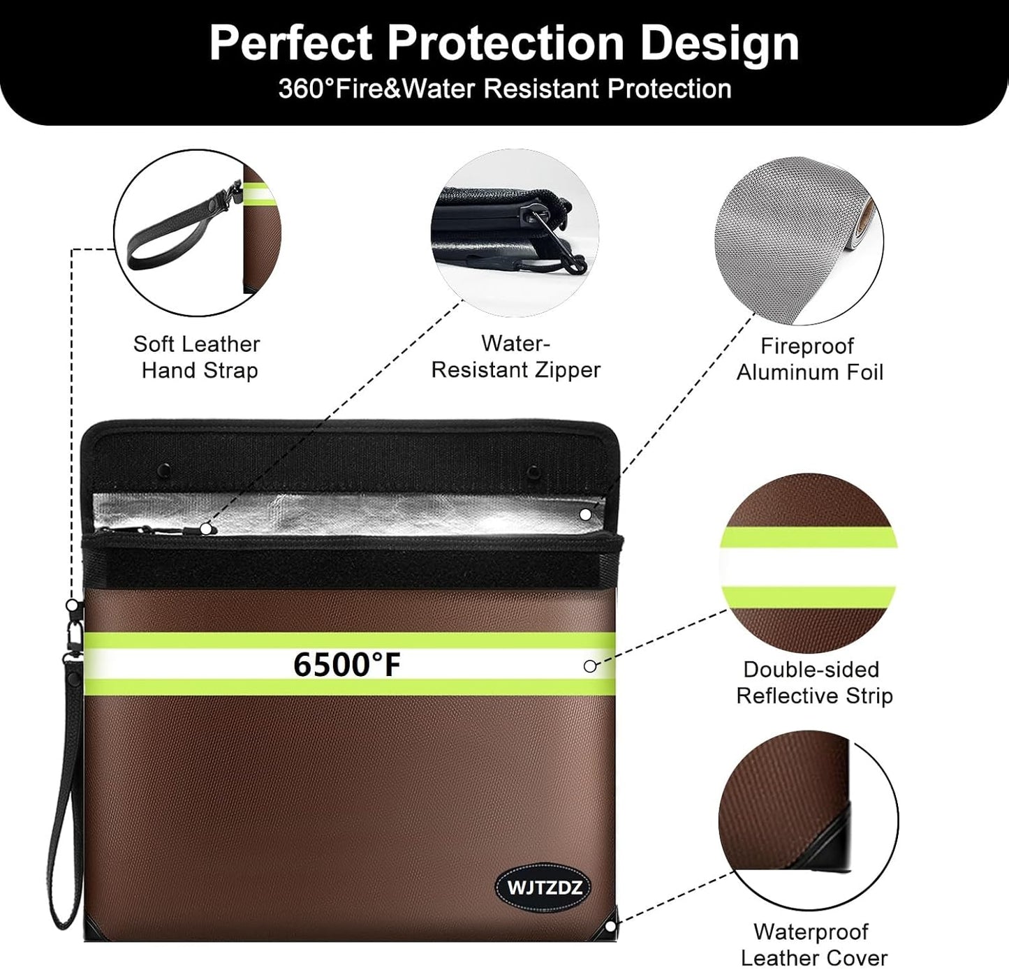6500°F Fireproof Document Bag,Upgraded Fireproof Money Bag with Waterproof Zipper,10 Layers Heat Insulated Materials/Reflective Strip with Handle for Important Documents（Not Fit A4 Files）