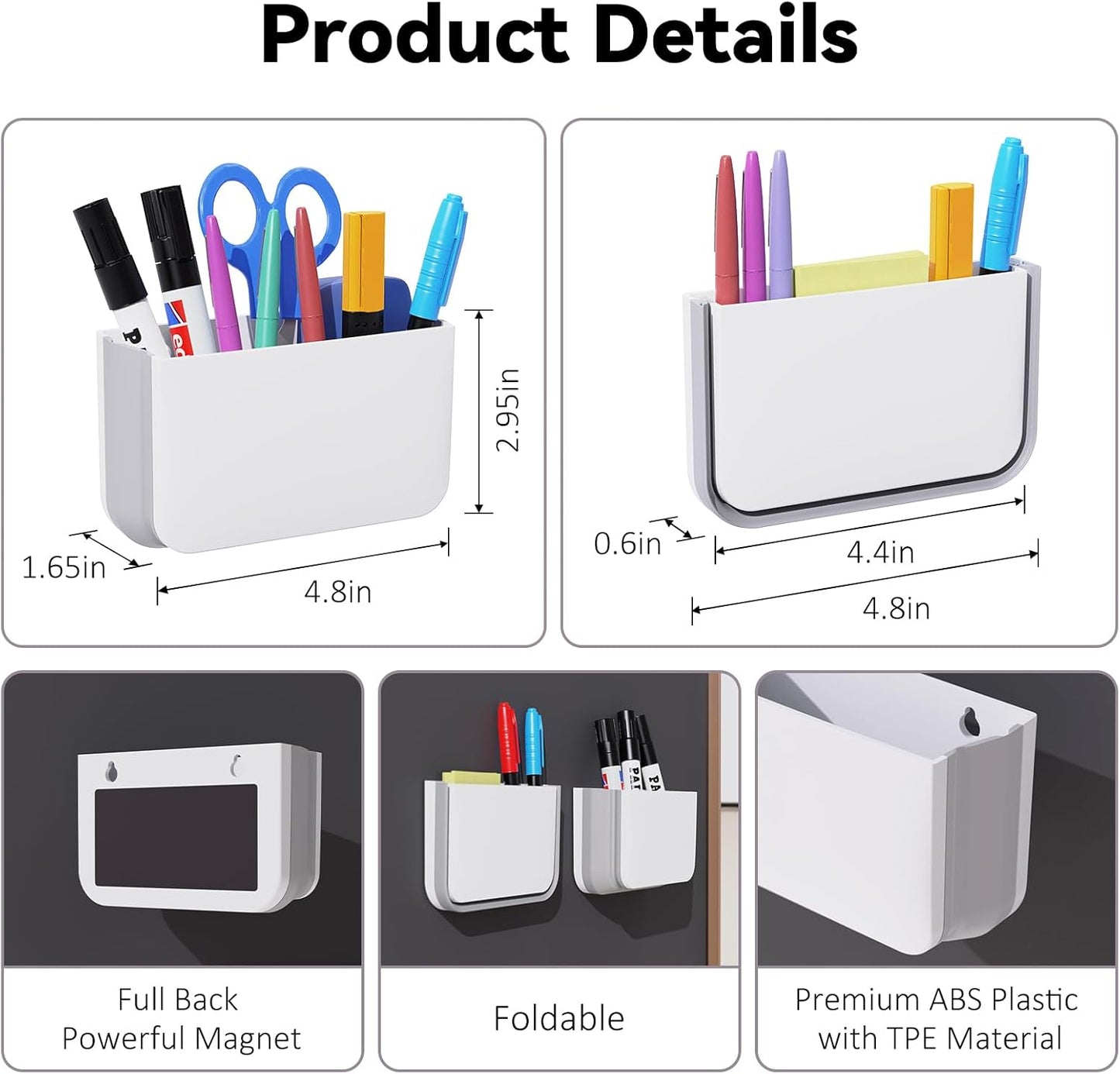 Magnetic Foldable Pen Holder, Magnetic Dry Erase Marker Pencil Holder, Strong Magnet Remote Holder Storage Organizer for Office, Whiteboard, Locker, Home Refrigerator, Desk Accessories(1 Pack White)