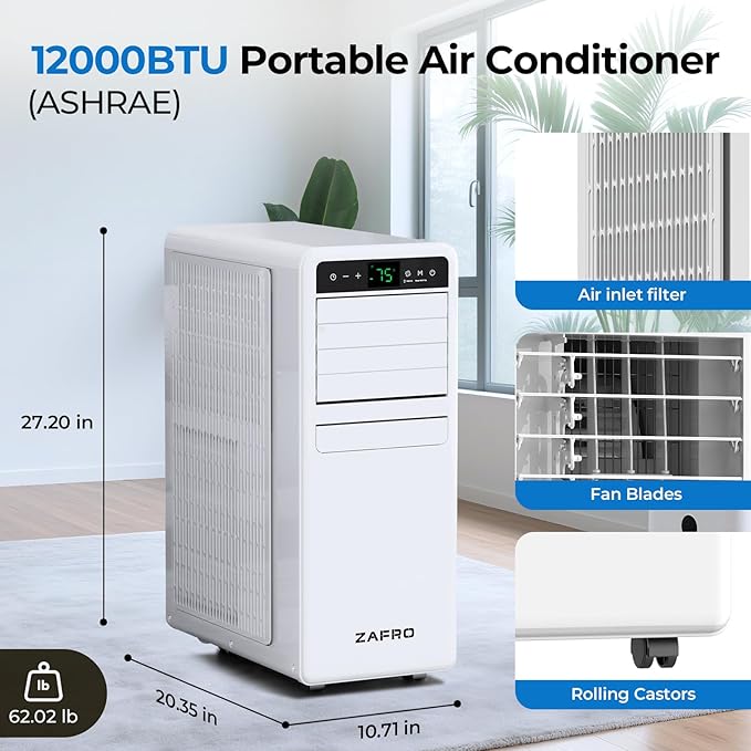 12,000 BTU Portable Air Conditioner, 3-IN-1 Smart AC Unit with Fan/Dehumidifier/Drainage-free Cooling, APP/Voice/Remote/Touch, 47 dB, Sleep Mode, Window Installation Kit, 24H Timer for Home/Office
