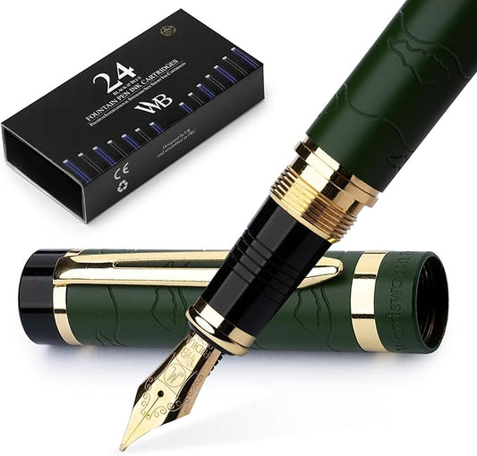 Wordsworth & Black Primori Fountain Pen Set [Green Gold]; Medium Nib, Gift Case, 24 Ink Cartridges, Refill Converter, Manual; Journaling, Calligraphy, Smooth Writing Pens; Left and Right Handed