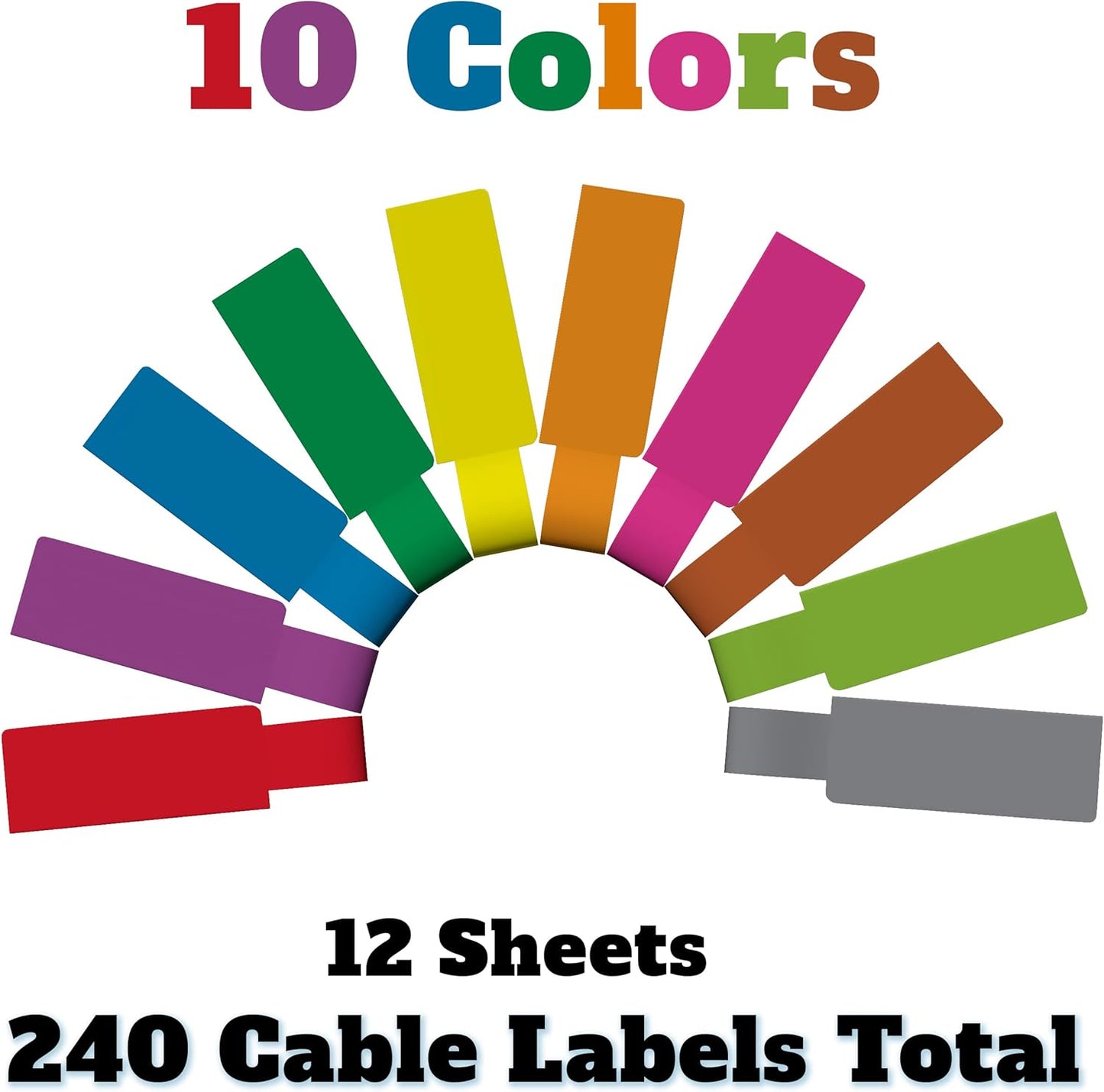 Kenco Cable Labels - 240 Labels 12 Sheets, 10 Colors Waterproof Cord Labels - Write on Stickers Tear and Liquid Resistant for Color Coding and Identification -Made in The USA (240 Labels)