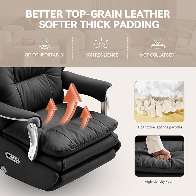 Dual Motor Electric Real Leather Executive Office Chair with Foot Rest, Comfortable Reclining Office Chair with Massage, Big and Tall High Back Comfy Ergonomic Home Office Desk Chairs 400lbs, Black