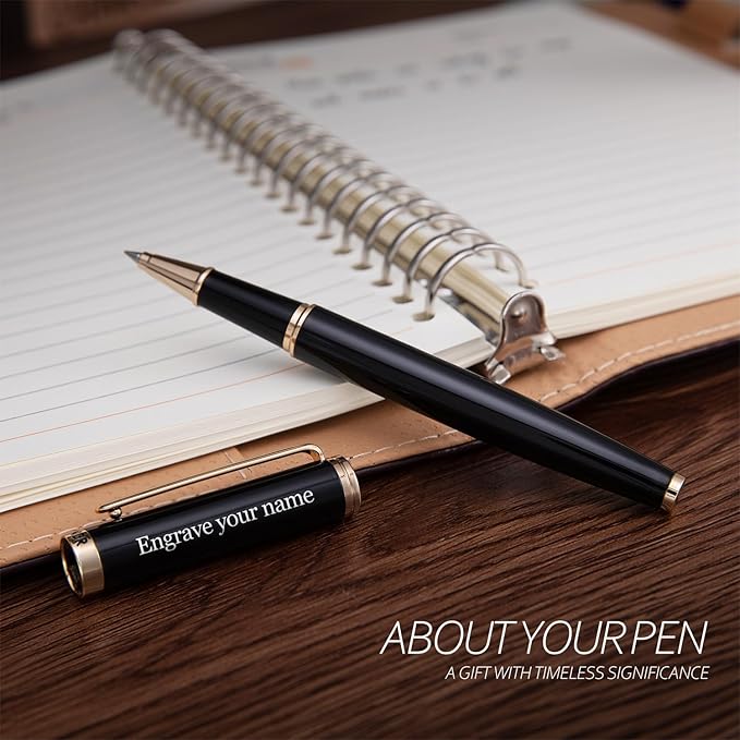 BEILUNER Black Personalized Pen,Stunning Luxury Lacquer With 24K Gold,Schneider Ink Refills,Multiple Fonts To Custom Rollerball,Gift Pen For Men & Women,Executive,Graduation,Christmas,Nice Pens