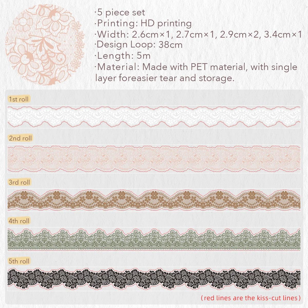 WT Baroque Lace PET Tape Sticker Set, Tape for Scrapbooking, Planners, Junk Journal or Bible Study, Colorful Artist Decorative Craft Tape, Cute Artist Tape (5 Rolls, Each 16.4FT)