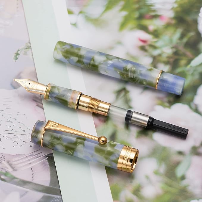 Jinhao 100 Fountain Pen Celluloid Classic Style, #6 Nib Smooth Writing Instrument with Refillable Converter and Pen Case Set