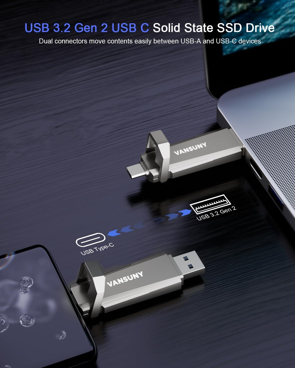 Vansuny 256GB USB Solid State Drive Up to 1000MB/s USB 3.2 Gen 2 Dual SSD USB A + Type C Portable External SSD for Android Phone Tablet Laptop MacBook PC