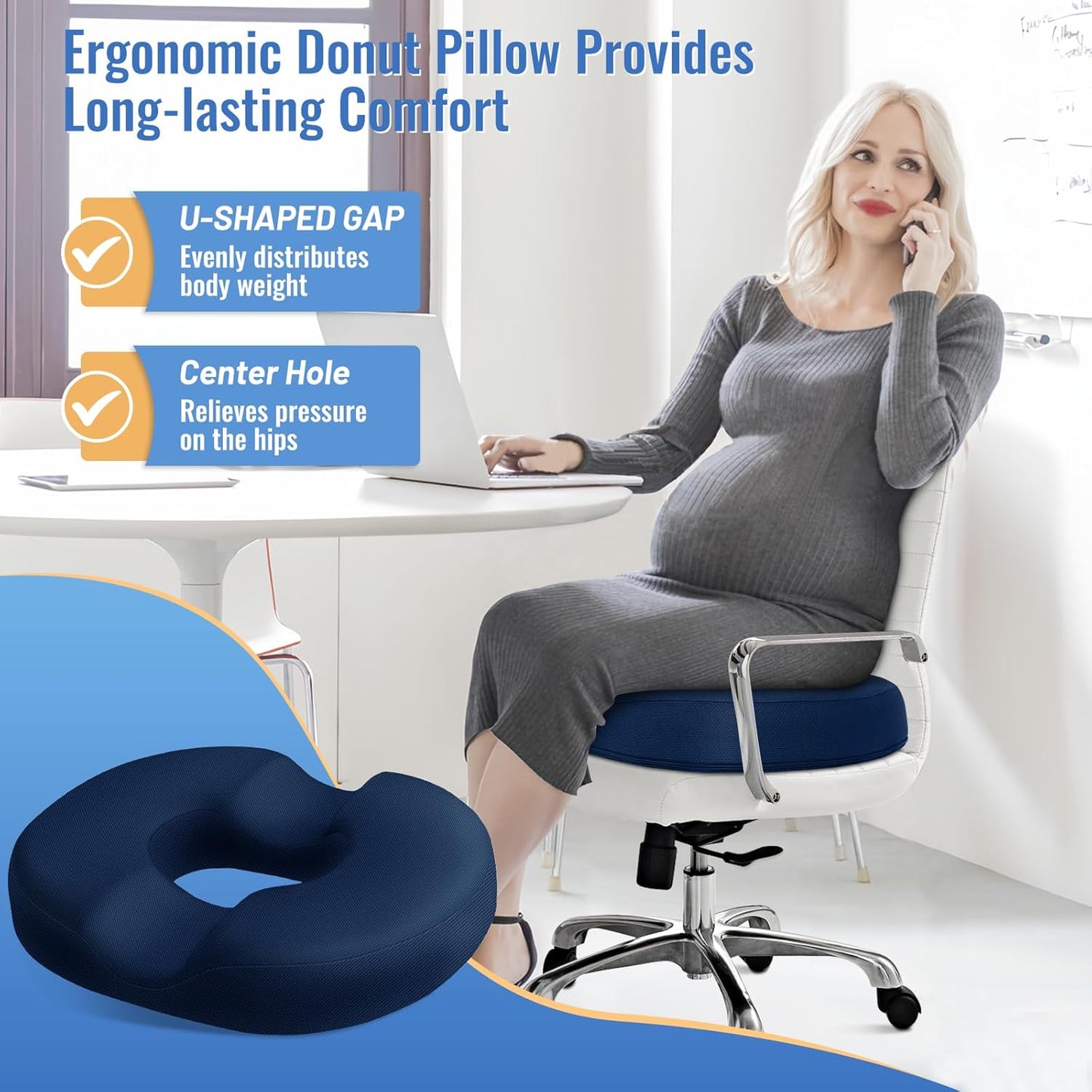 CloudBliss Donut Pillow Seat Cushion for Tailbone Pain Relief and Hemorrhoids, Memory Foam Seat Chair Cushion for Postpartum Pregnancy, Seat Cushions for Men and Women for Home & Office, (Blue-XL)
