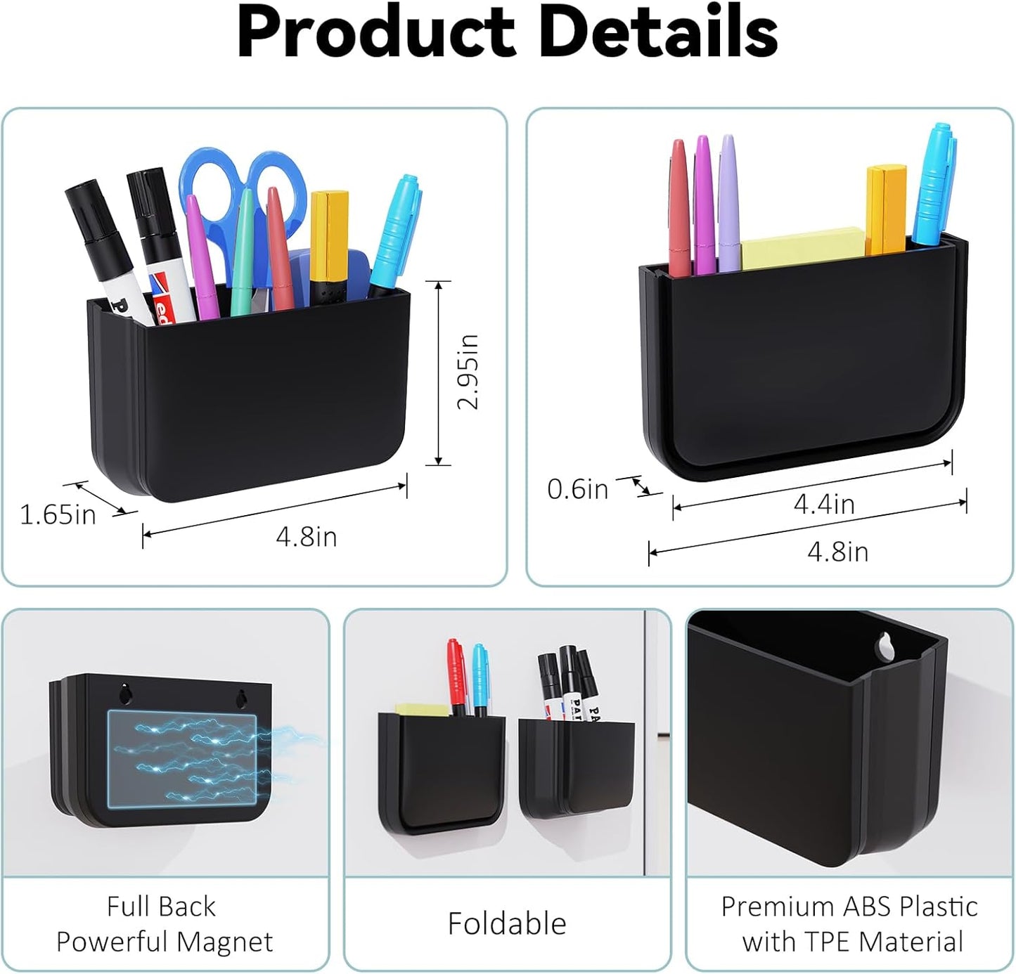 Magnetic Foldable Pen Holder, Magnetic Dry Erase Marker Pencil Holder, Strong Magnet Remote Holder Storage Organizer for Office, Whiteboard, Locker, Home Refrigerator, Desk Accessories(1 Pack Black)