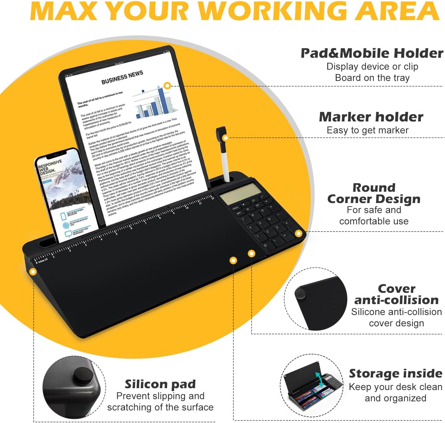 Desktop Glass Whiteboard with Calculator(12 Digit LCD Display) & Ruler Marker,Tilted Notepad Computer Keyboard Stand with Black Dry Erase Board Surface, Desk Organizers with Accessories,Black