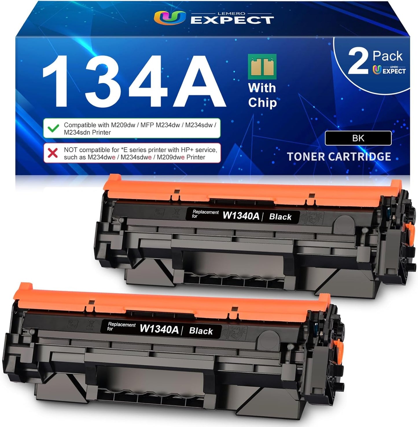 LEMERO UEXPECT Compatible Replacement for HP 134A 134A Toner Cartridge with Chip W1340A W1340X for M209dw MFP M234dw M234sdn Printer | 134A Black Toner, 2 Pack