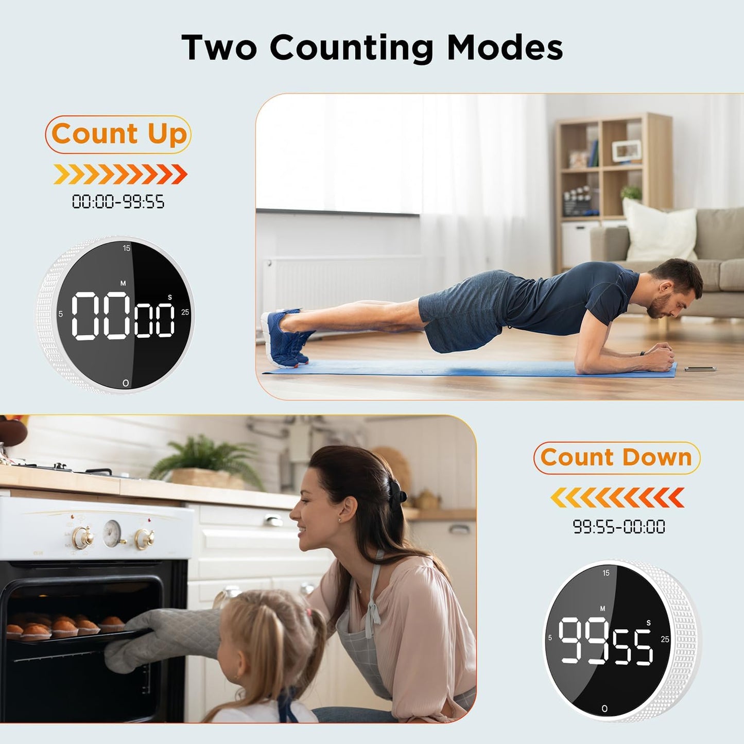 Upgrade Digital Kitchen Timer - Magnetic Countdown Countup Visual Pomodoro Timer with Large LED Display, 3-Preset Times (5, 15, 25), 3 Volume Levels, Ideal for Cooking, Baking and Fitness (1, White)