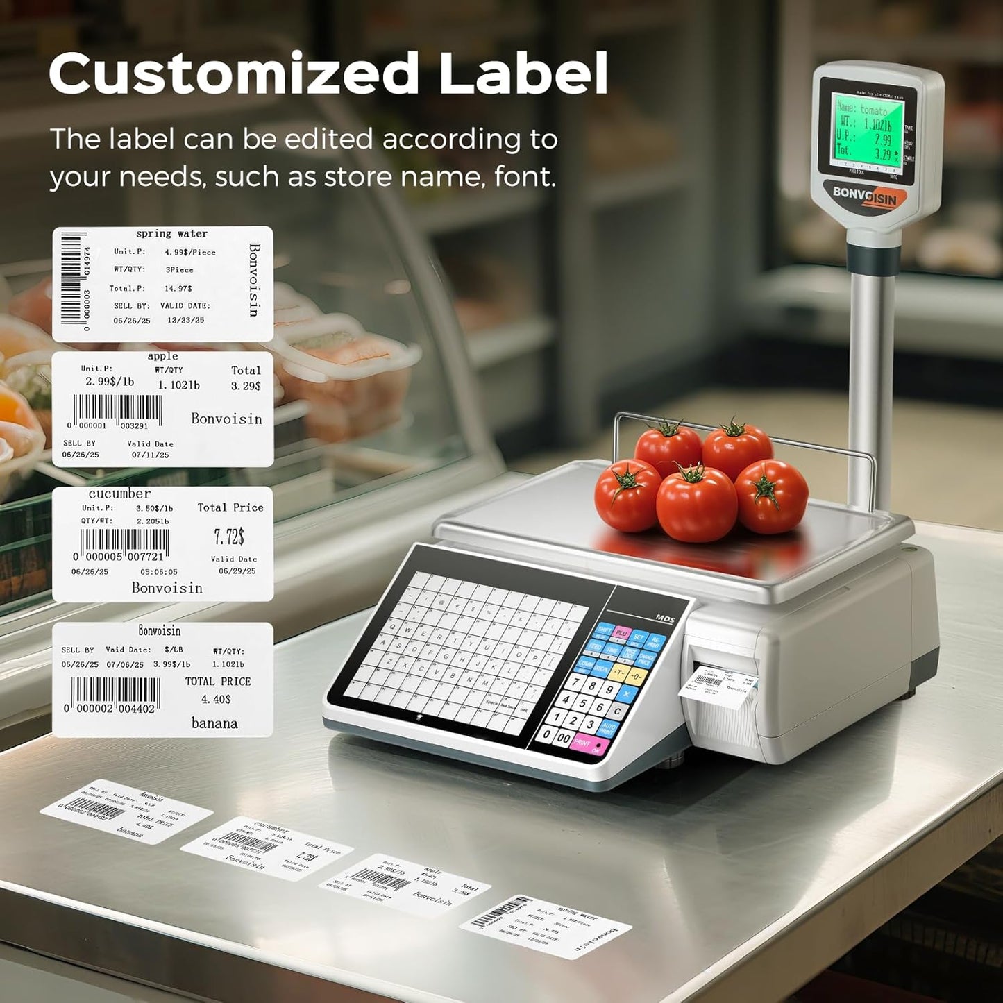 Bonvoisin Label Printing Scale 33lbs Capacity, Price Computing Scale with Label Printer Barcode Scale Deli Scale for Supermarket and Shop