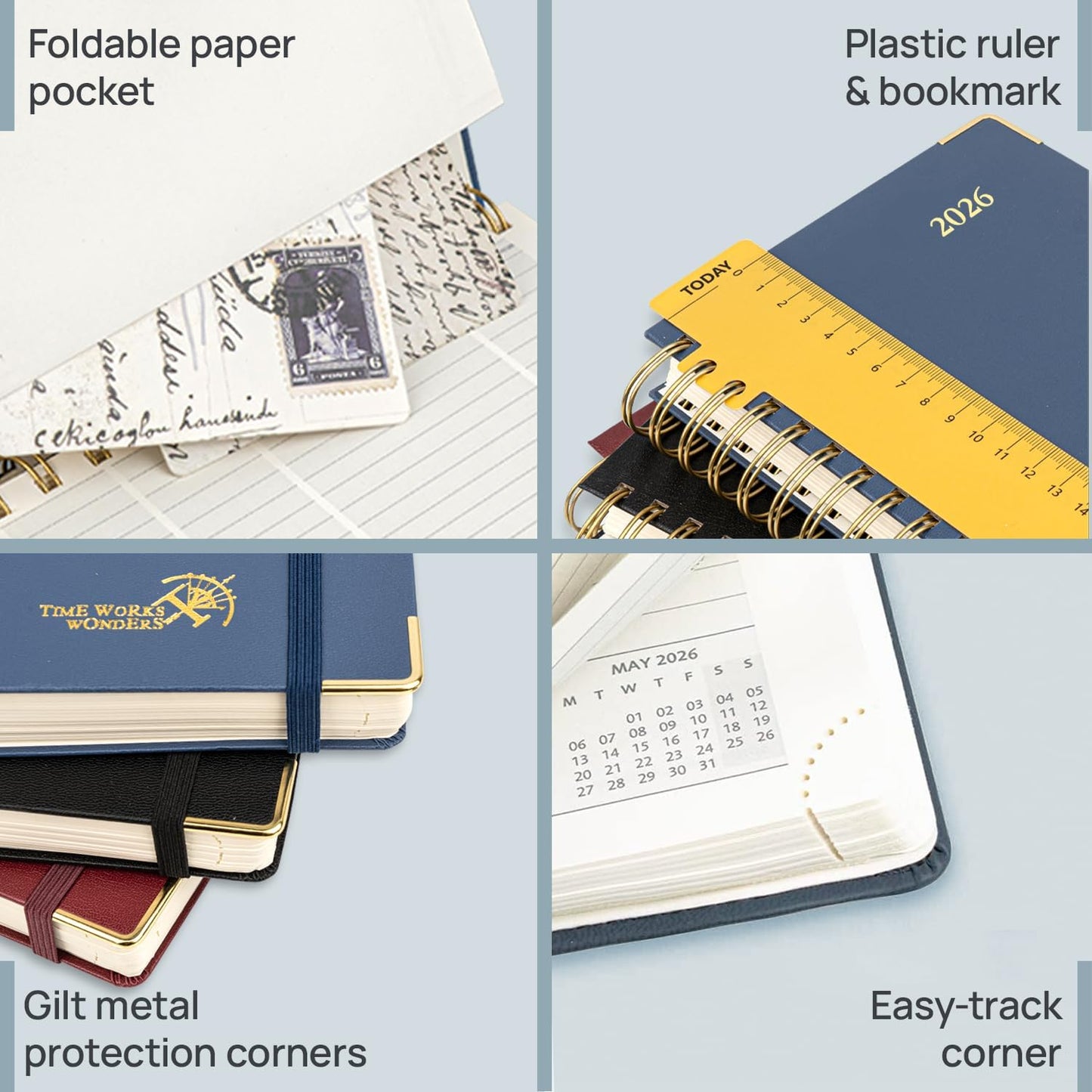 POPRUN 2026 Daily Planner One Page A Day - [A4 Large Size 8.25" x 12" -Spiral Hard Cover], Agenda 2026 Hourly Appointment Book with Monthly Calendar, Pen Holder, Ivory Paper -Burgundy