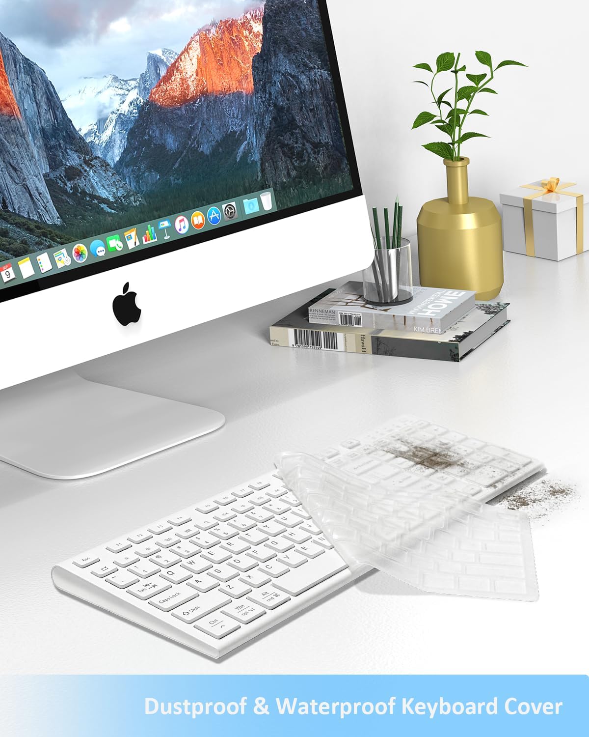 FENIFOX Wireless Keyboard, Bluetooth + USB Ergonomic Silent Quiet Rechargeable with Number Pad Compact Full Size Multi Device Keyboards for iPad Tablet Mac Computer Surface PC MacBook Laptop White