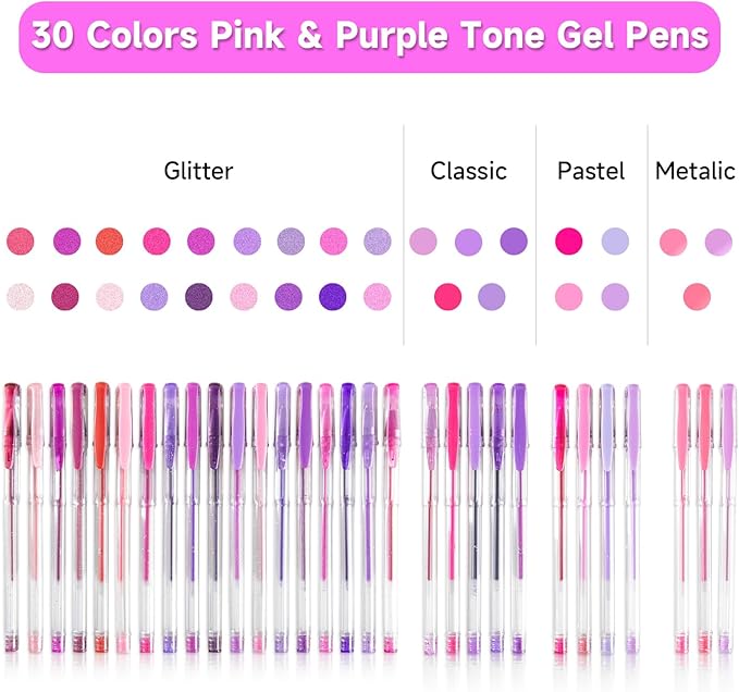 Shuttle Art 60 Pack Tone , Pink Purple Gel Pens with 30 Refills for Adults Coloring Books Journaling Drawing Nature, Landscapes, Animals Scenes