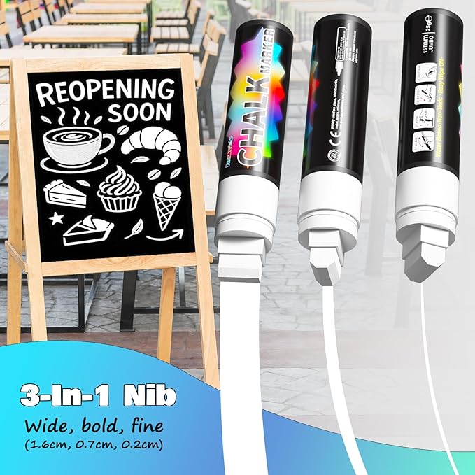 FansArriche White Chalk Markers, 15mm Jumbo Car Window Markers for Glass Washable, 4 Pack Liquid Chalk Marker Erasable for Chalkboard, Blackboard