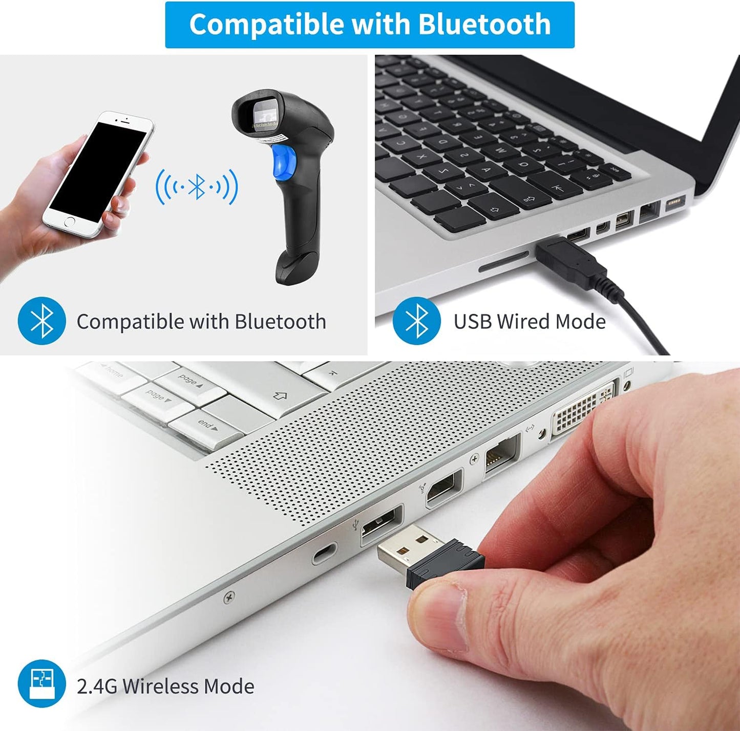 NetumScan Bluetooth QR Barcode Scanner with Stand, 3 in 1 Wireless 1D 2D Bar Code Scanner USB Image Bar Code Reader for Computer, Tablet, iPhone, iPad, Android