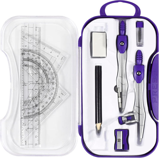 Math Geometry Kit Sets 10 Piece Student Supplies with Shatterproof Storage Box,Includes Rulers,Protractor,Compass,Eraser,Pencil Sharpener,Lead Refills,Pencil,for Drafting and Drawings（Purple）