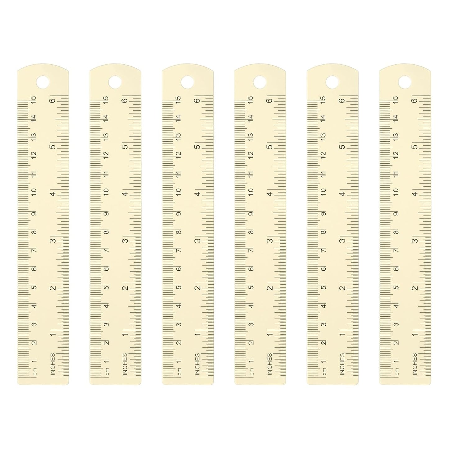 HARFINGTON 6pcs Metal Straight Ruler 15cm Metric SAE Aluminum Alloy Measuring Rulers Scale Tool with Hole for Measure Study Reading Classroom Office, White