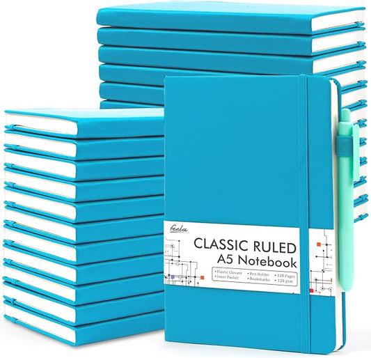 feela 24 Pack Journal Notebook Bulk for Work, Business Notebook Hardcover Lined Writing Journal with Pen Holder for Men Women Note Taking, with 24 Black Pens, 120 GSM, 5.1”x8.3”, A5, Teal