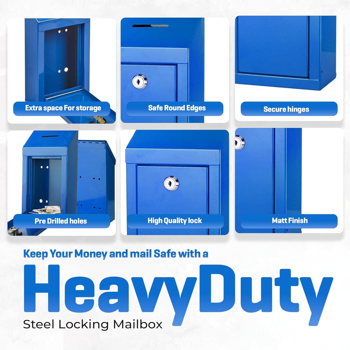 Metal Donation Box-Suggestion Box with Slot and lock-Cash Lock box for Money-Secure Drop Box-Comment and ballot voting box-comes with pre-drilled holes for easy wall mounting 10 X 6 X 2.5"(Blue)