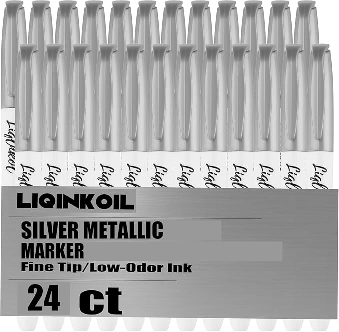 Silver Metallic Markers Pens Bulk of 24 Pack, 2mm Felt Fine Tip for Art, Crafts, Drawing, DIY Projects, Office Supplies, Gift Card Making