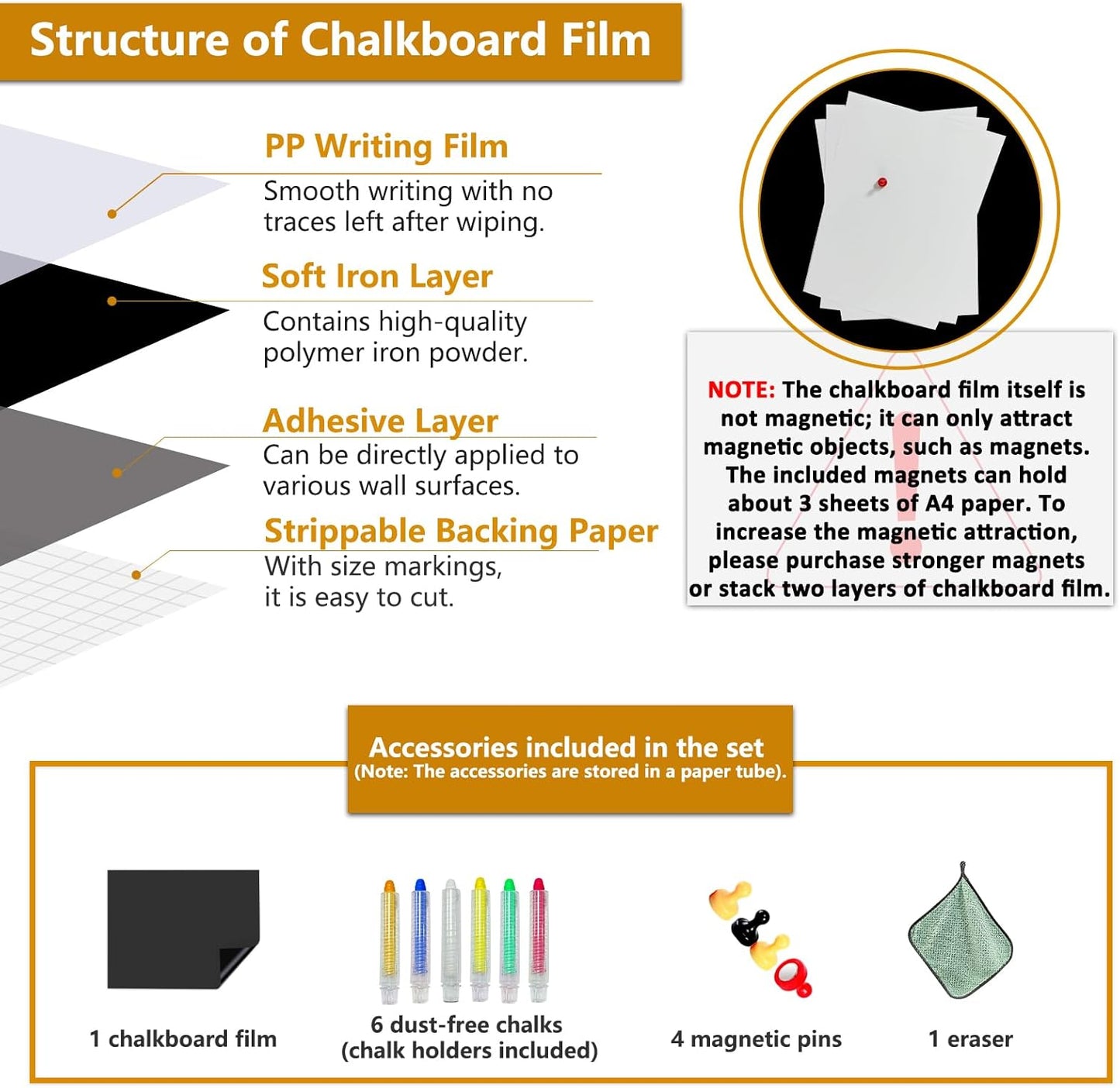 Magnetic Chalkboard Contact Paper with Adhesive, 47" x 35" Magnetic Blackboard Film for Walls, Peel and Stick – Ideal for Office, Classroom, Home. Includes Dustless Chalk, Wiping Cloth, and Magnet