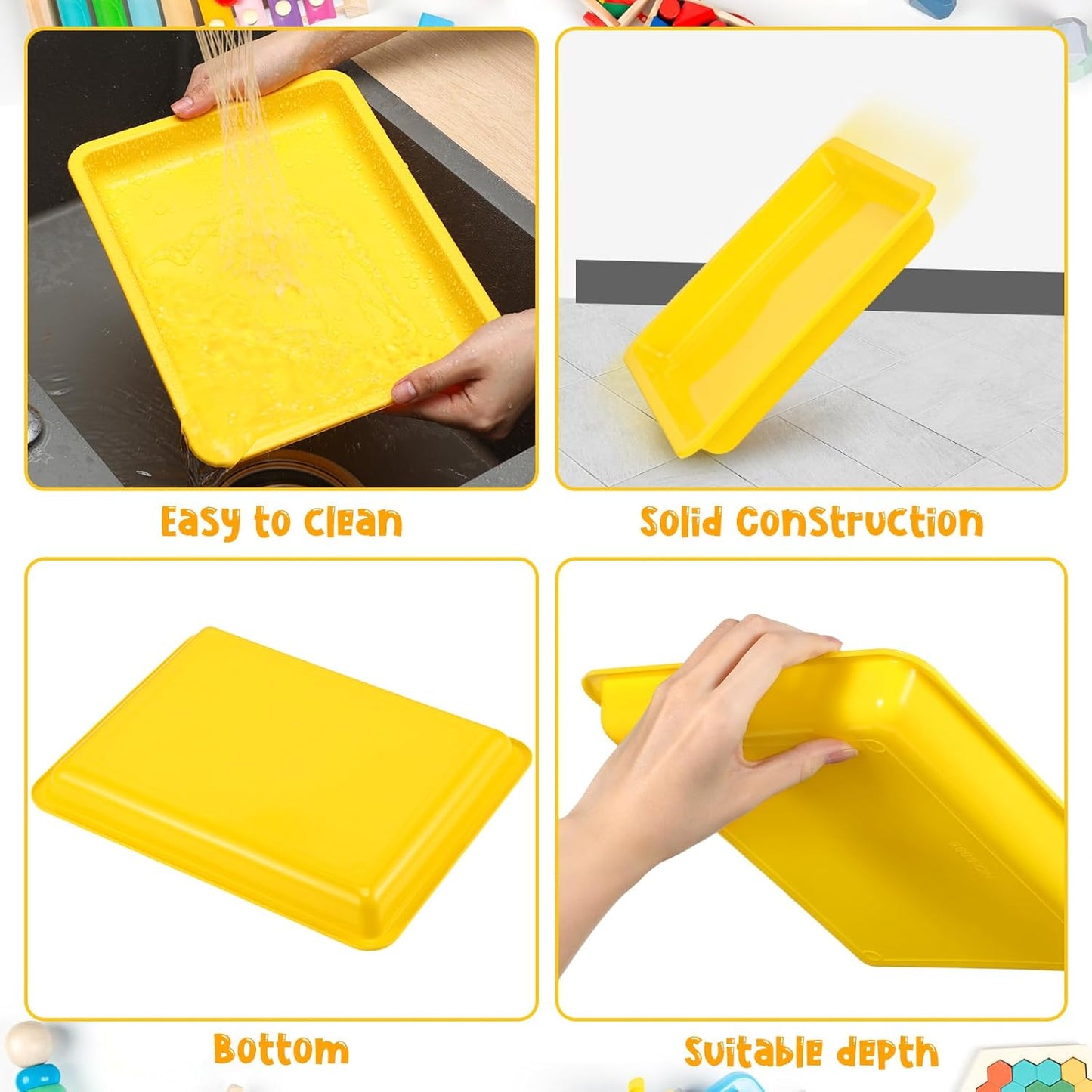 Maitys 24 Pcs Plastic Art Trays 11 x 8.7 x 1 Inch Activity Craft Tray Organizer Serving Tray Stackable Storage Sand Trays for School Painting Beads Crafts DIY Projects(Yellow)