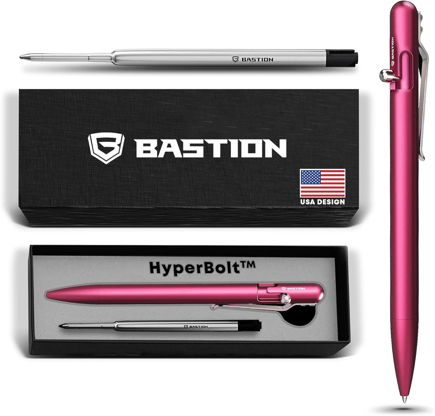 BASTION® Luxury Slim Bolt Action Pen, Lightweight Aluminum EDC Pen with Fine Tip, Professional Ballpoint Pen for School and Work - Pink