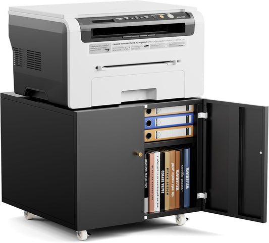 Warmiehomy Metal Printer Stand with Storage Mobile Printer Tables for Small Spaces with Door Adjustable Shelf Black File Cabinet on Wheels for Home Office