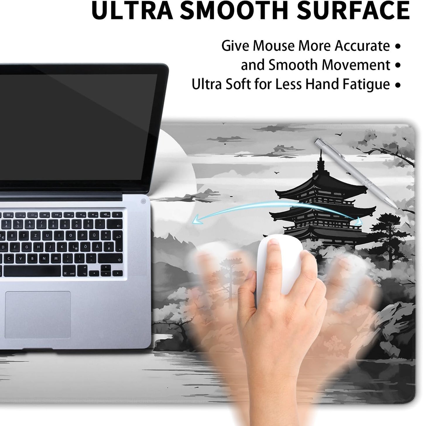 Black Gray Japanese Sakura Gaming Mouse Pad XXL Grey White Cherry Blossom Tower Mountain Aesthetic Extended Desk Mat Big Mousepad Non-Slip Rubber Base Stitched Edge Mousepad for Office,31.5×11.8 in