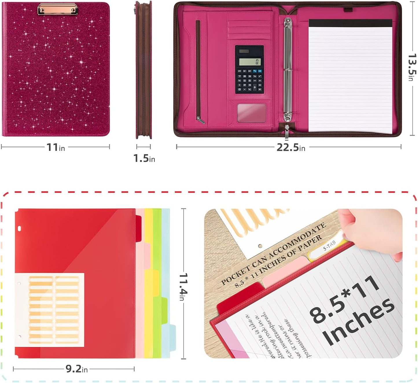 Ospelelf Zipper Clipboard with Storage, Leather Padfolio Portfolio Folder, 3 Ring Binder Dividers with Tabs, 12.1” Tablet Sleeve, Refillable Notepad, Card Slot (Rose Red)