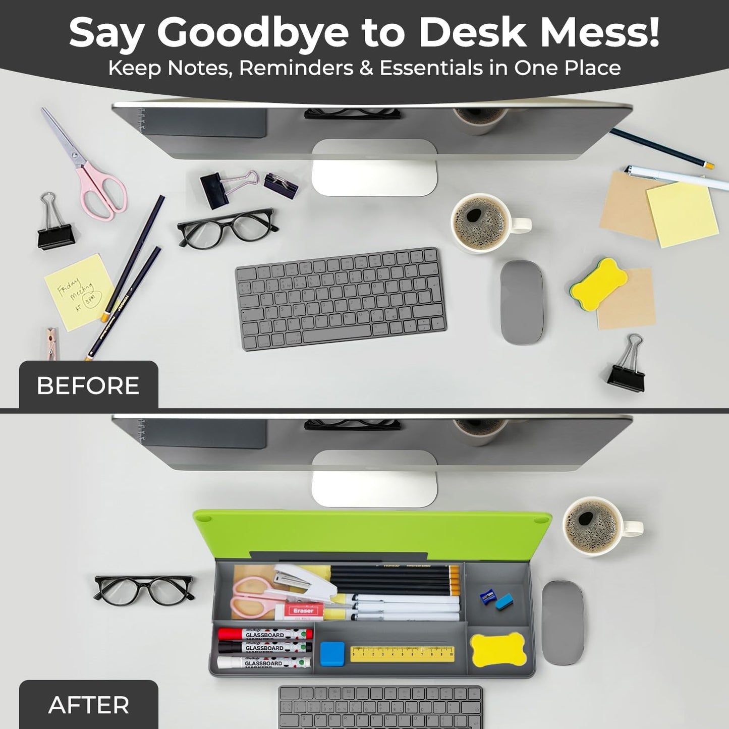 Chalkola Neon Green Glass Desktop Whiteboard with Storage - Dry Erase Board, Work Desk Organizers, Computer Keyboard Stand, Home Office Desk Accessories, Workspace Desktop Buddy + 3 Markers