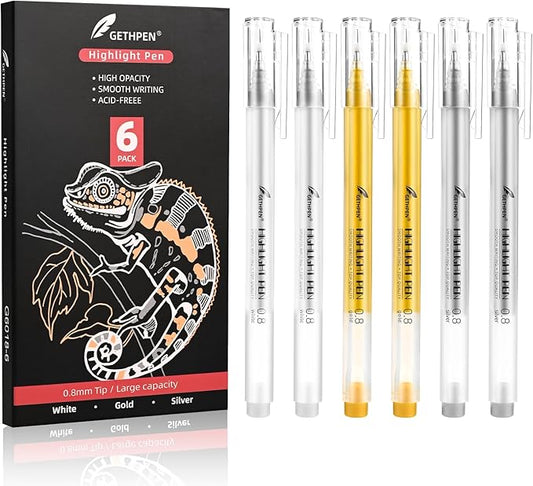 3 Colors 0.8mm Extra Fine Point 6-Pack Gel Pen Set – White, Gold & Silver Gel Ink Pens for Artists Drawing on Black Paper, Sketching, Bullet Journaling & Crafting