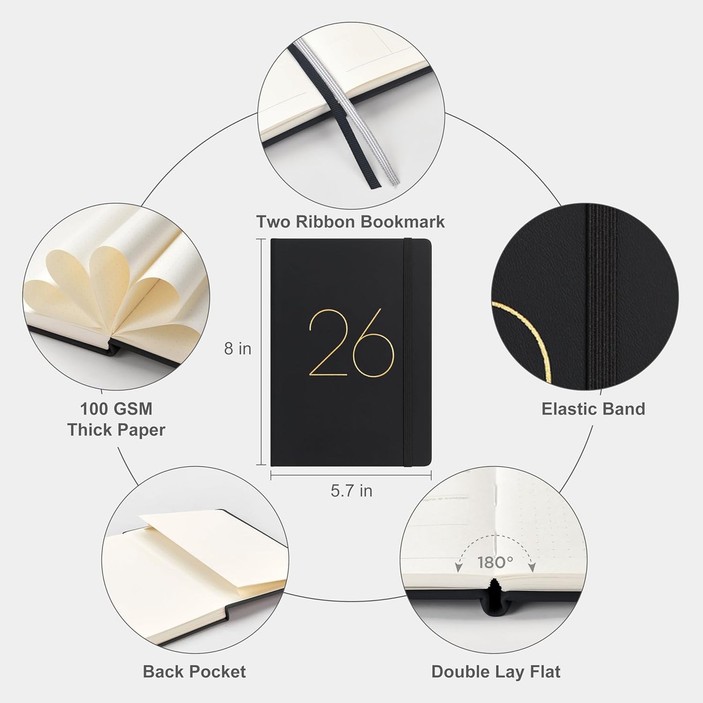 And Per Se 2026 Planner-Daily, Weekly & 15-Monthly Leather Hardcover Planner, 5.7" x 8", Daily Schedule, Monthly Tabs, 100 GSM Thick Paper, Back Pocket(Black)