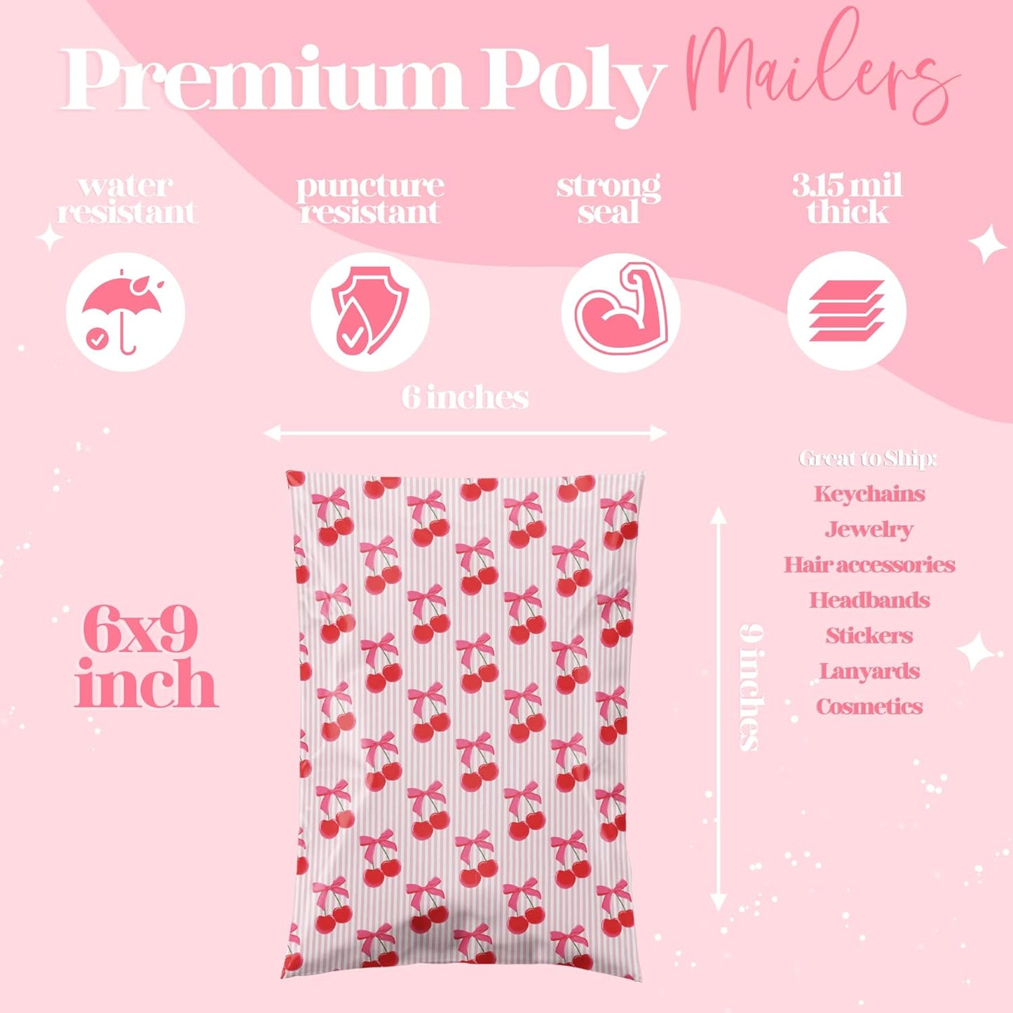 6x9 Designer Poly Mailer 100 Pack Heavy Duty Waterproof Self Seal Shipping Bags for Small Business Large Mailing Envelopes Bulk Tear Resistant Packaging Pink Stripe Cherry Fruit