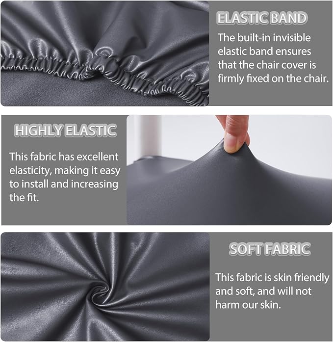 CWK Waterproof PU Leather Dining Chair Covers Set of 2-Stretchable Chair Seat Slipcovers, Removable & Washable Protector for Dining Room,Home,Office,Wedding,Rear Covers (PU-Grey)