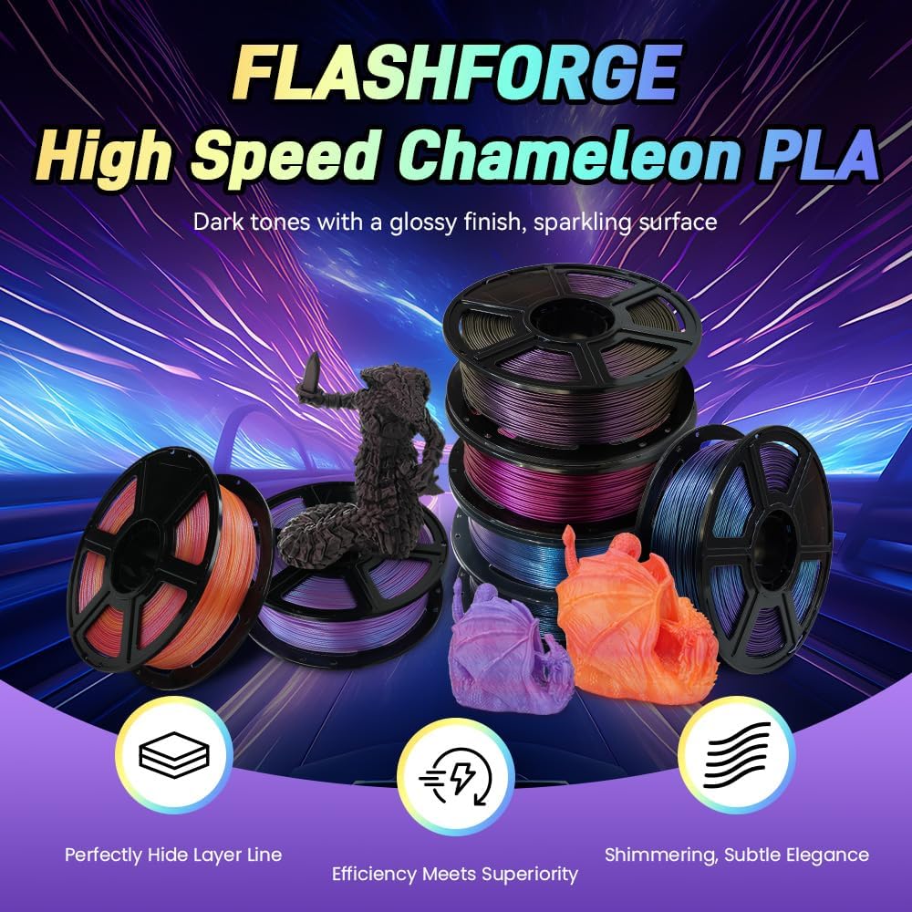 FLASHFORGE Chameleon Rapid PLA Filament 1.75mm Nebula Purple, PLA Color Shift High Flow Speedy 3D Printer Filament, Max 500mm/s Fast Printing, Display Shimmering Effects from Various Angles and Light