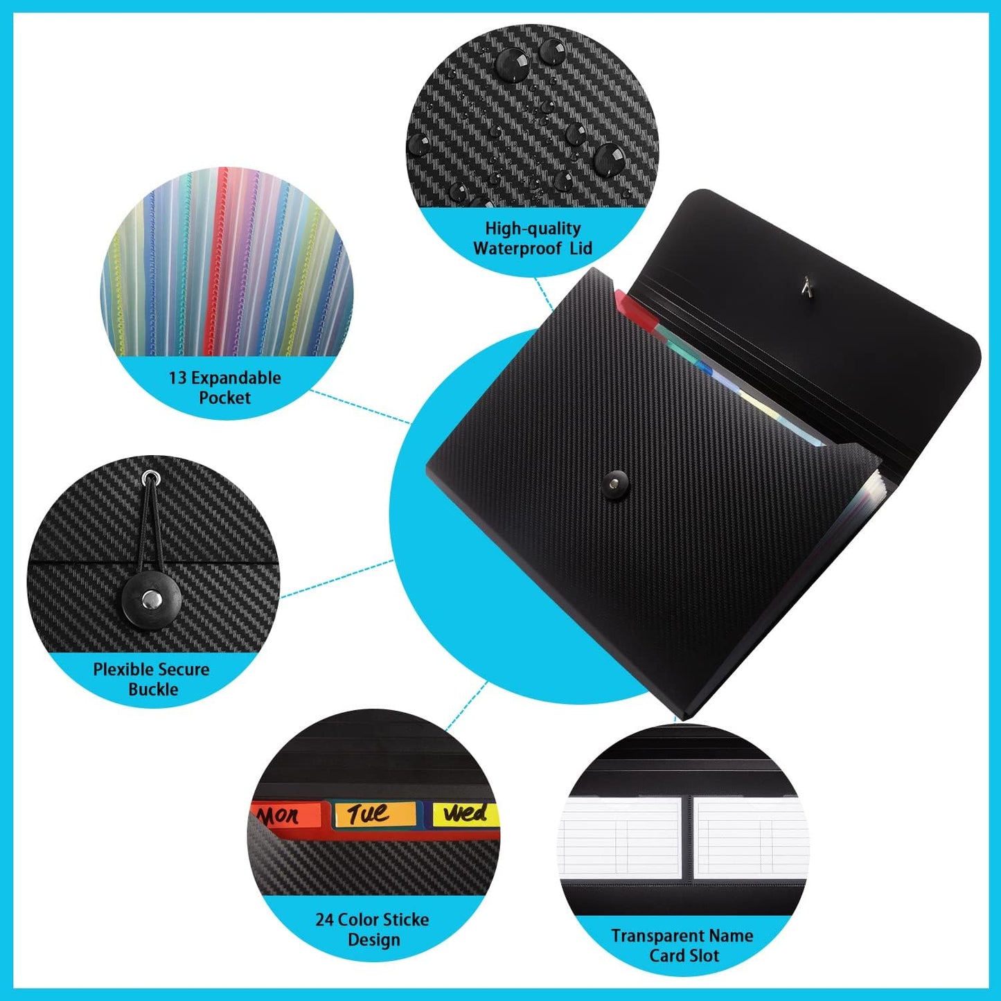 Expanding File Folder File Organizer 13 Pockets Accordion Filing Folder Expandable File Folder for Documents Aesthetic Paper Organizer Folder for Work, School, Home, Office, Black Transparent