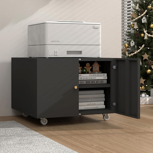 Small Space Printer Stand with Doors, Mini Fridge Stand for Laundry, 3D Printer Stand with Storage, Low Printer Table, Modern Under Desk for Home Office, Small Carts for Scanner, Fax