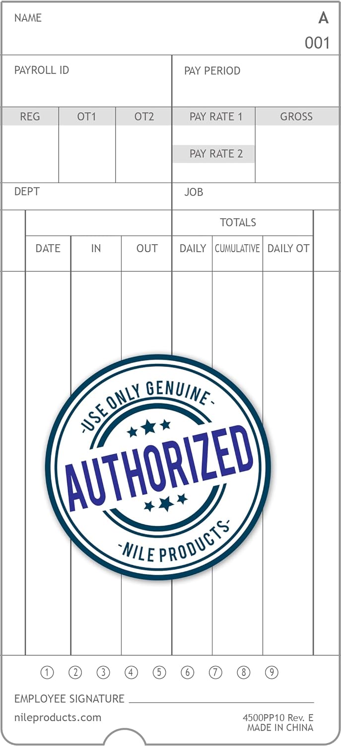 Nile Products - Authentic Time Cards for Nile Products 4500PP Compatible [ 4500PP10MB ] Electronic Calculating Time Clock, Double Sided Time Sheets (3.37 x 7.37 Inches) - 1000 Time Cards