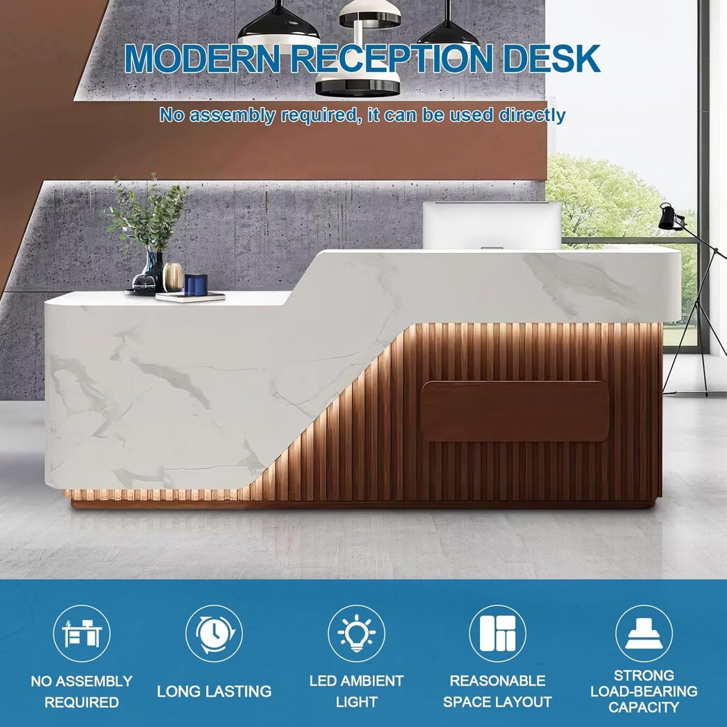 Reception Desk with Counter Modern Front Office Desk Large Reception Room Tables Checkout Counter Reception Table for Retail Lobby Beauty Salons D 94inch/240cm