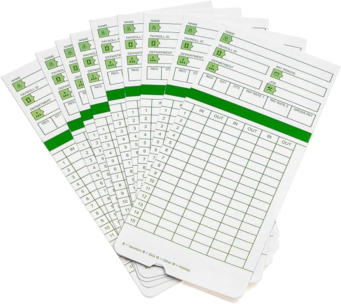 Time Cards for Employees Monthly,Numbered Days,All Pay Periods, 50 Count,2-Sided, 3 3/8" x 7 3/8",Green Print,Timecards for Time Clocks