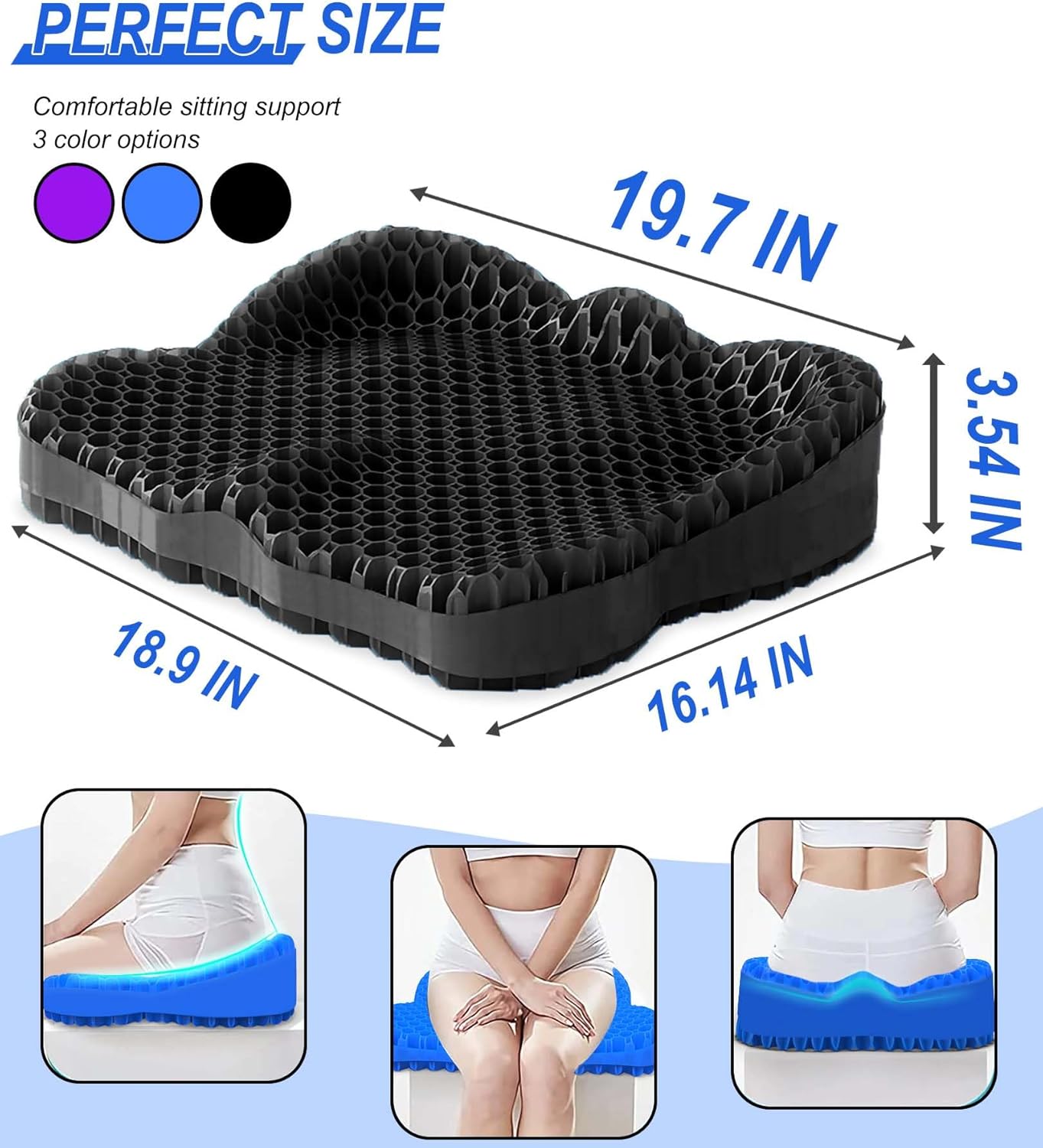 Thicken 19.7in Seat Cushion, Gel Seat Cushion for Long Sitting–Office Chair, Wheelchair, Car Cushion, Large Cooling Pad for Back Pain, Sciatica, Tailbone Pain Relief