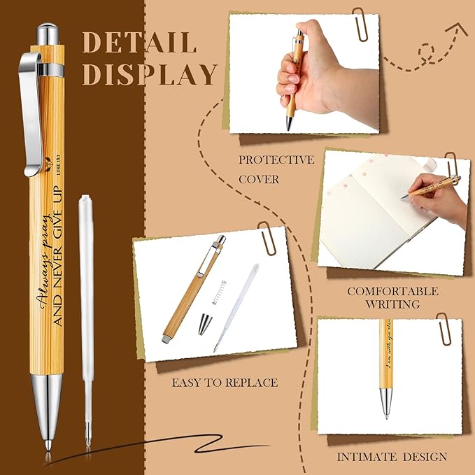 50 Pack Bible Verse Bamboo Retractable Ballpoint Pens Christian Inspirational Bible Verse Ballpoint with Black Ink Pen for Journal Writing Office Supplies Religious Gifts for Men Women(Classic Color)