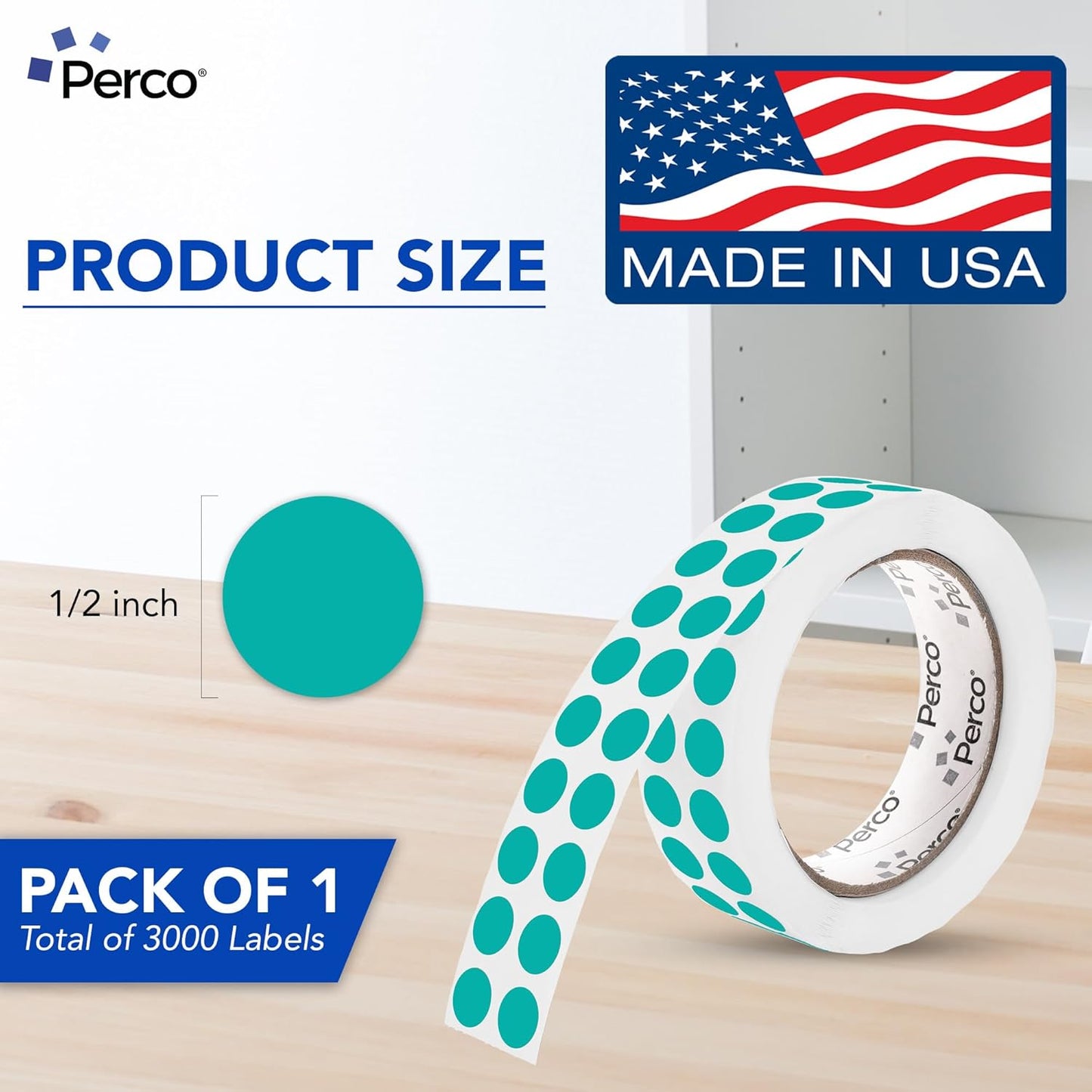 Perco Teal 1/2-Inch Round Circle Dot Sticker Labels with Easy Peel Perforation - 3,000 Labels per Roll - Strong Adhesion, Vibrant Colors for Organizing, Crafting & More - Made in USA