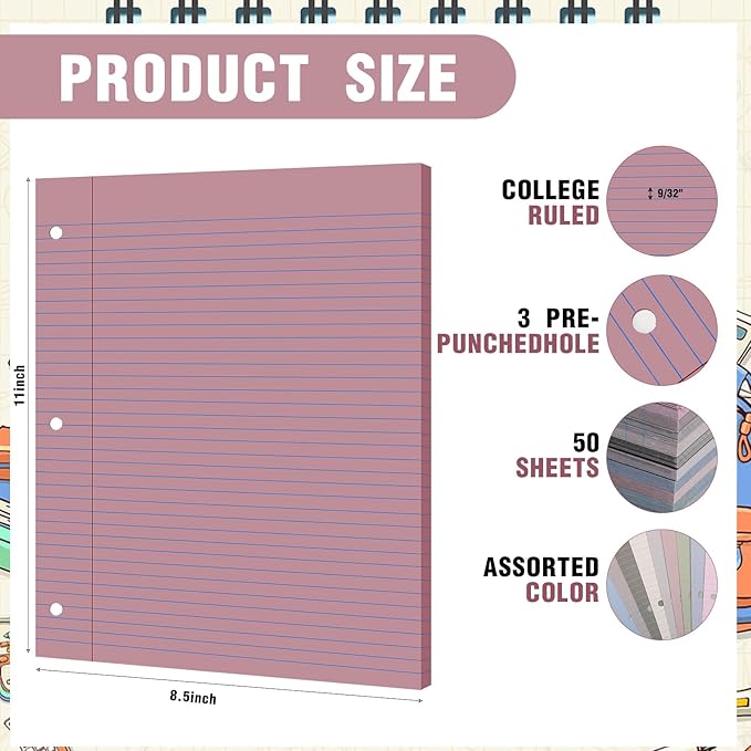 PerKoop 600 Sheets Colored Loose Leaf Paper 8.5" x 11" college ruled Lined 3 Hole Punched notebook Filler Paper for 3 Ring Binders Office School Supplies (Sweet Color)