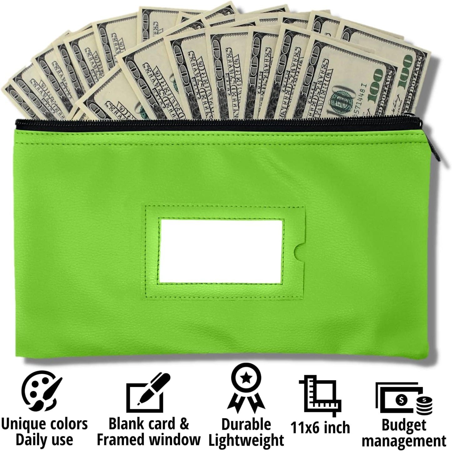 Money Bank Deposit Bag with Zipper | 11x6 inch | Light Green | Durable Leatherette Money Cash Coin Check Wallet Pouch for Men & Women with Framed ID Window and Blank Card | by GIDABRAND (5)