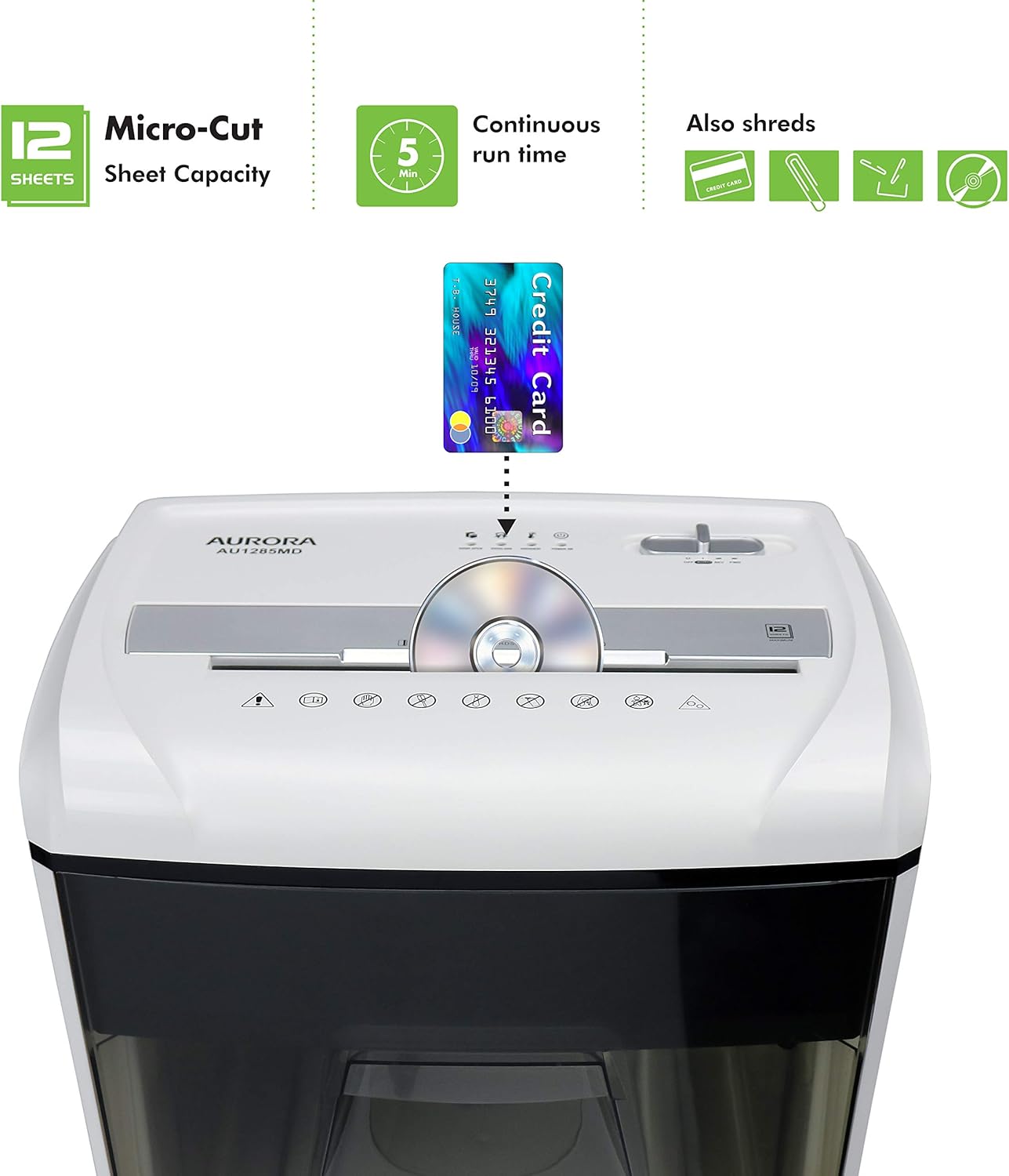 Aurora AU1285MD Compact Desktop-Style High Security 12-Sheet Micro-Cut Paper and CD/Credit Card/Junk Mail Pullout Basket Shredder, White/Black